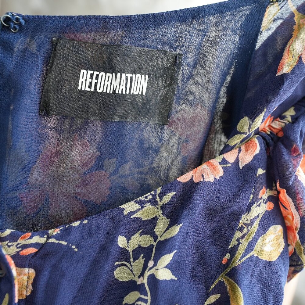 Reformation Navy Floral Off-Shoulder Mini Dress – Size XS - Picture 5 of 6